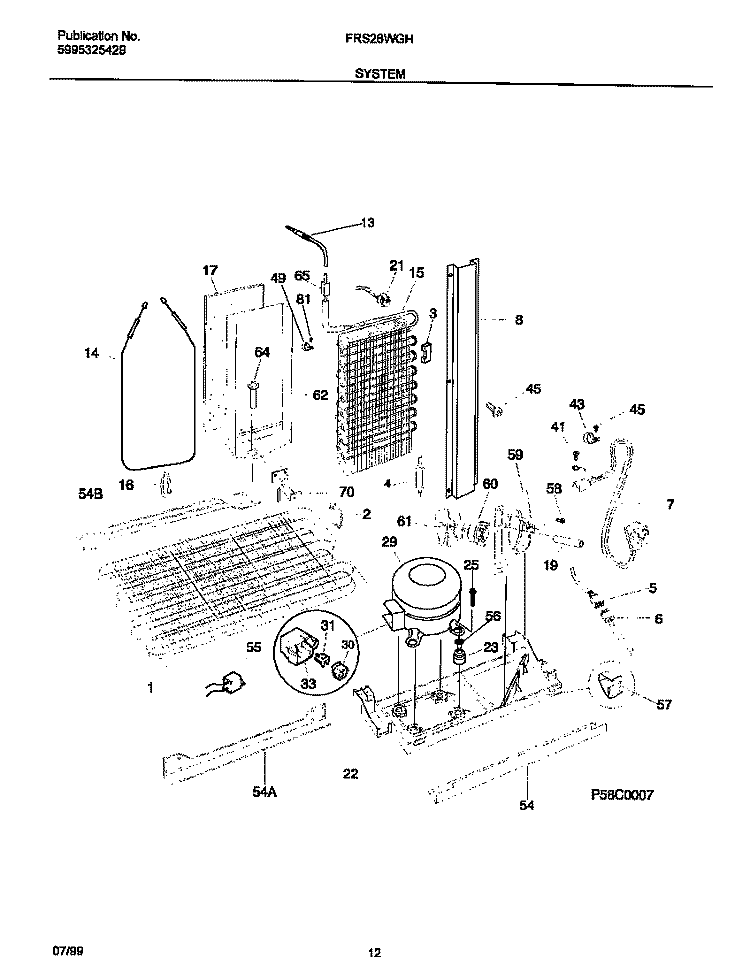 SYSTEM Diagram and Parts List for FRS26WGHW3  Frigidaire Refrigerator