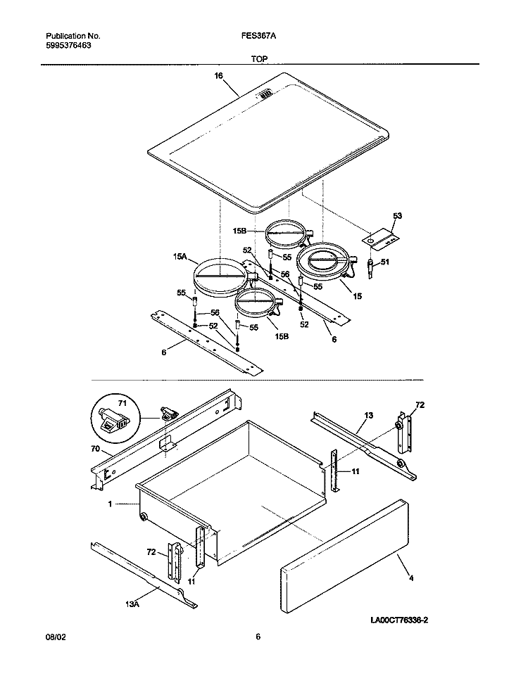 TOP / DRAWER Diagram and Parts List for FES367AQE  Frigidaire Range