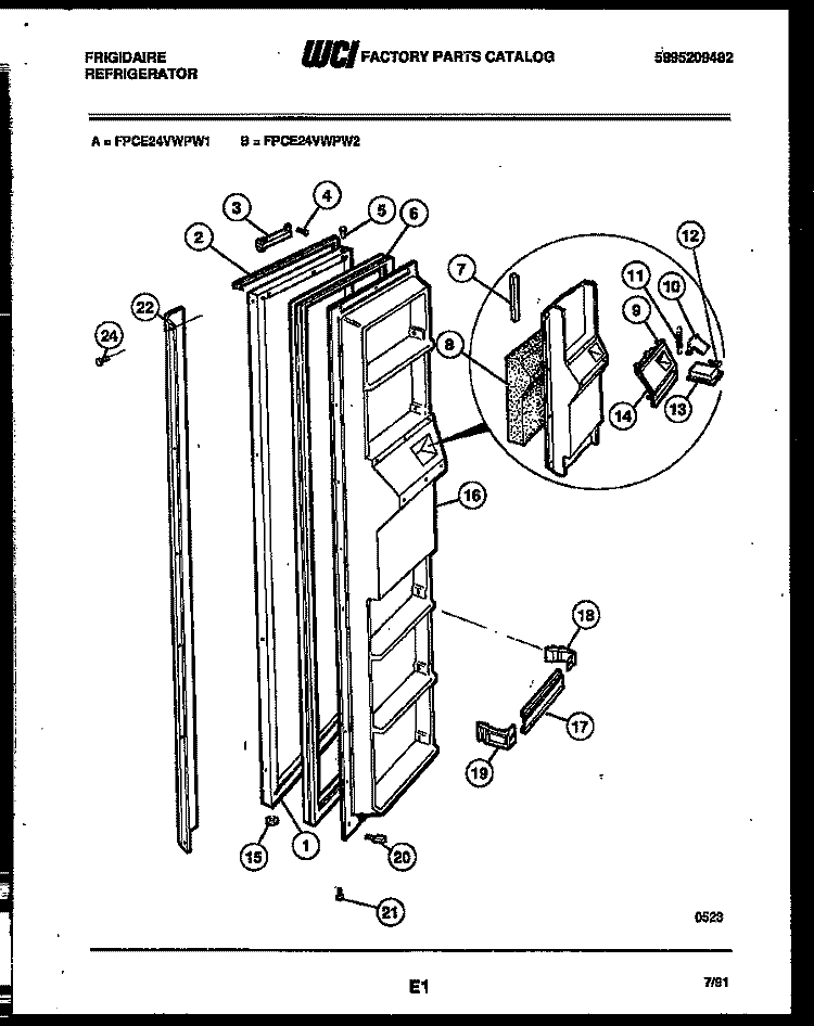 FREEZER DOOR PARTS Diagram and Parts List for FPCE24VWPW2  Frigidaire Refrigerator