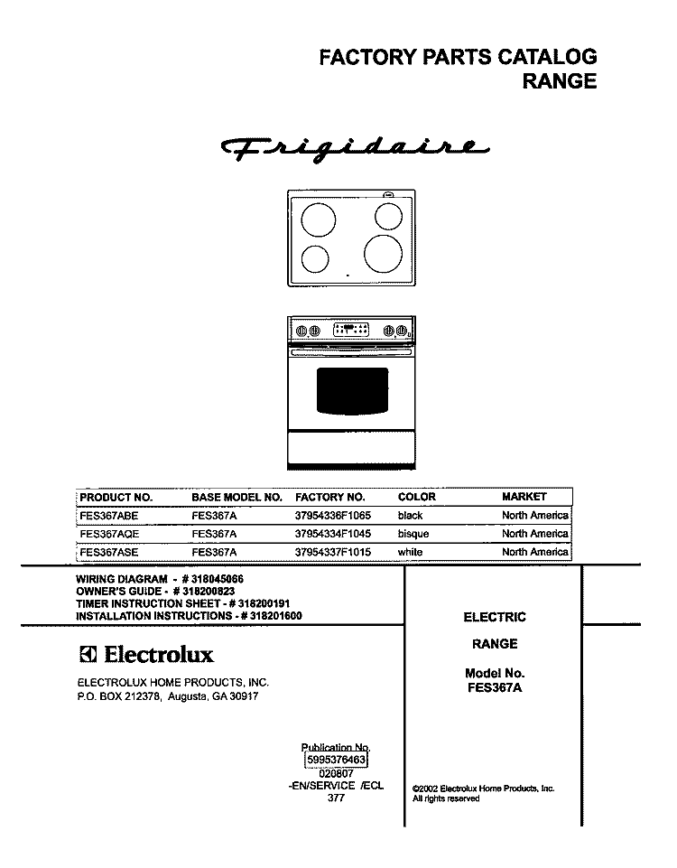 COVER Diagram and Parts List for FES367AQE  Frigidaire Range