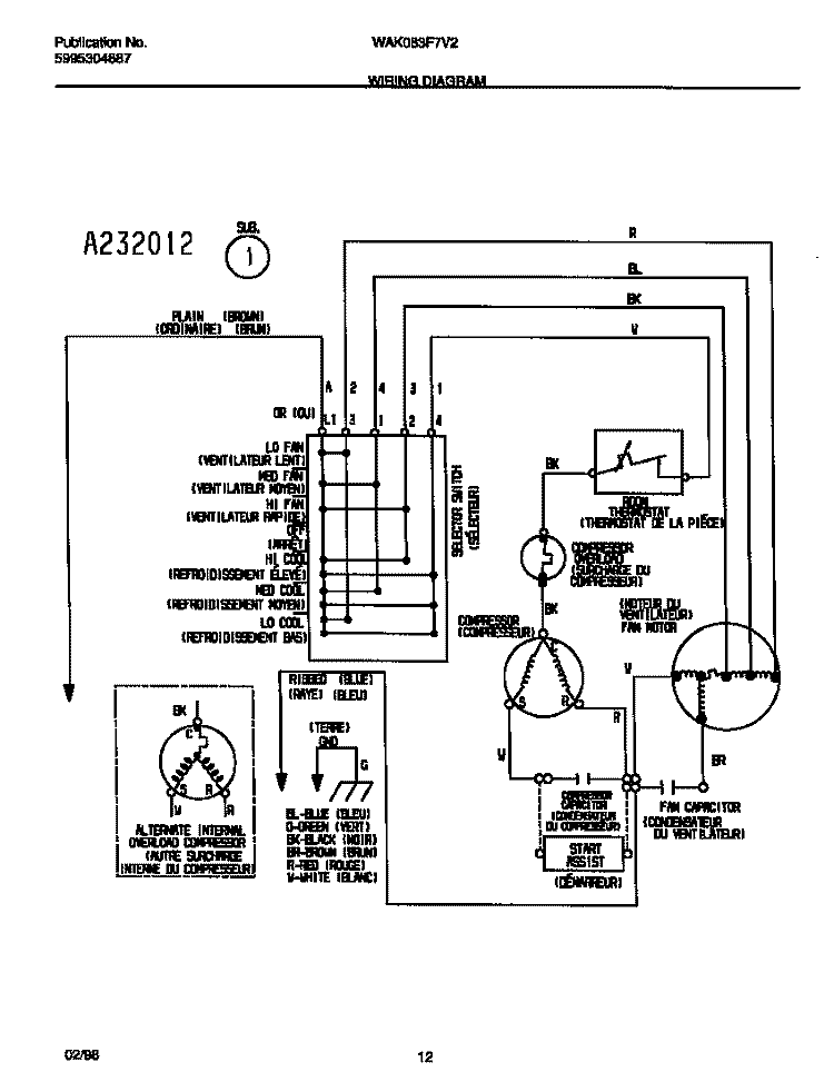 WIRING DIAGRAM Diagram and Parts List for WAK083F7V2  Frigidaire Air Conditioner