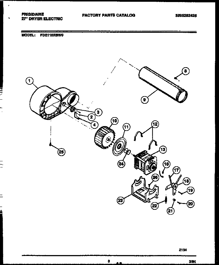 BLOWER AND DRIVE PARTS Diagram and Parts List for FDE116RBW0  Frigidaire Dryer