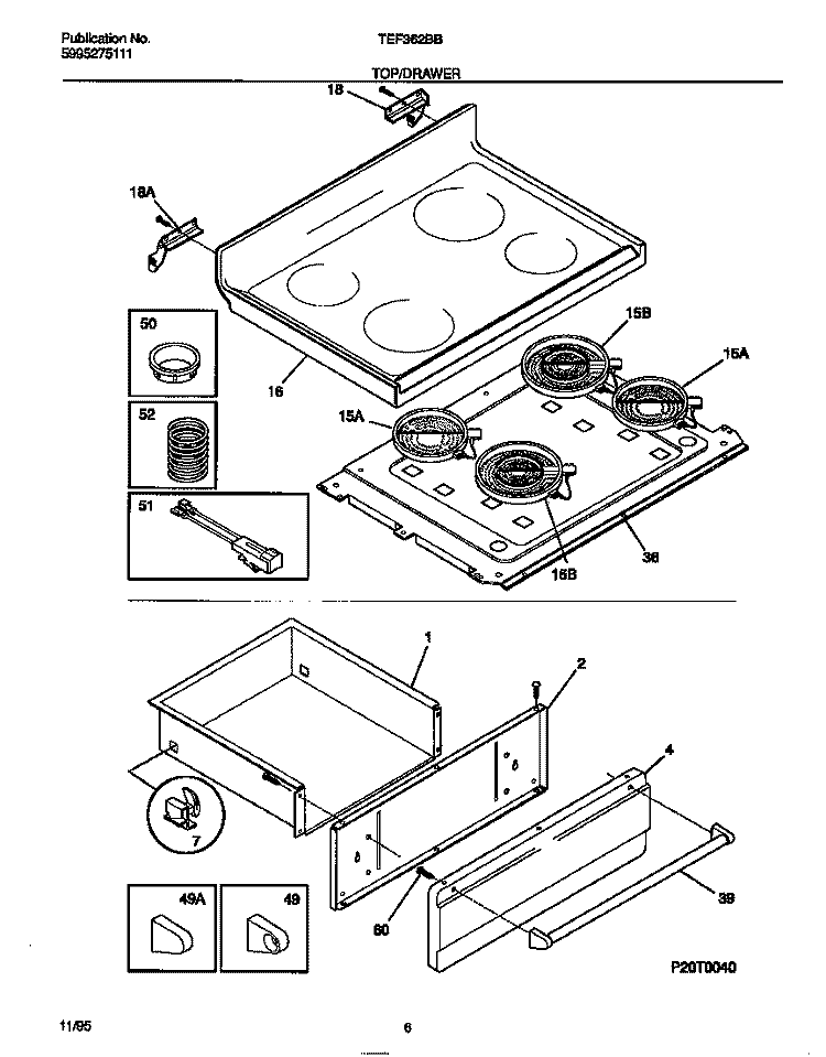 TOP / DRAWER Diagram and Parts List for TEF362BBBD  Tappan Range