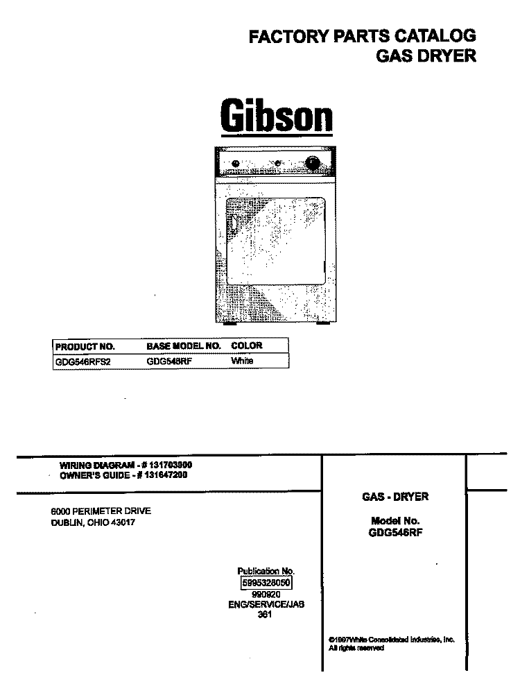 COVER Diagram and Parts List for GDG546RFS2  Gibson Dryer