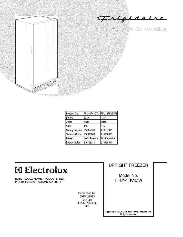 COVER Diagram and Parts List for FFU14FK1DW1  Frigidaire Freezer