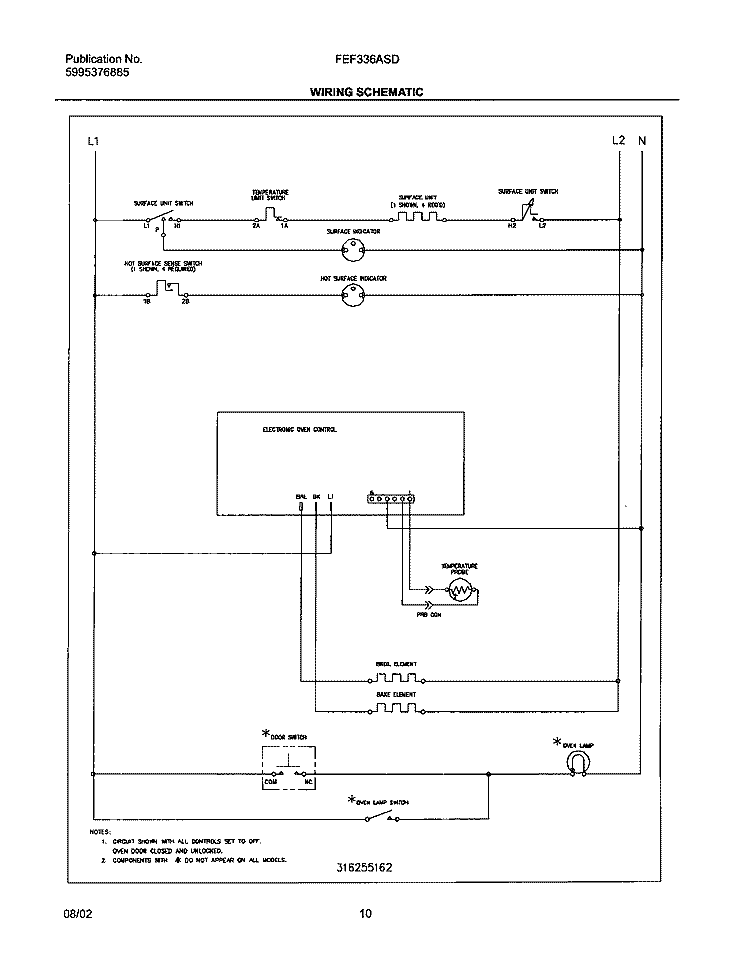 WIRING SCHEMATIC Diagram and Parts List for FEF336ASD  Frigidaire Range