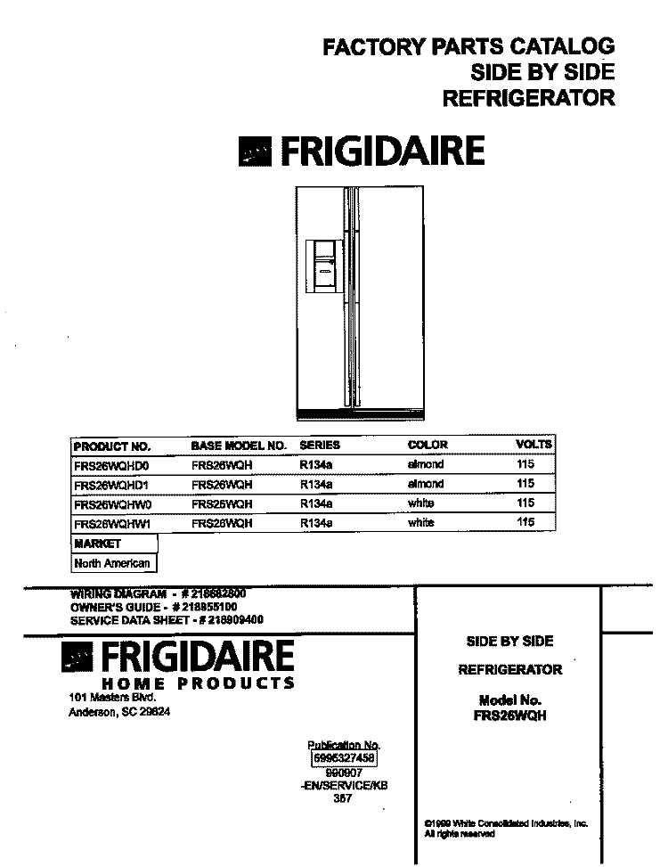 COVER Diagram and Parts List for FRS26WQHW0  Frigidaire Refrigerator