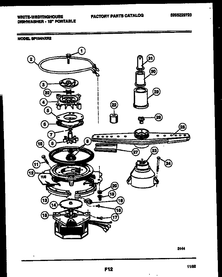 MOTOR PUMP PARTS Diagram and Parts List for SP184NXR2  Frigidaire Dishwasher