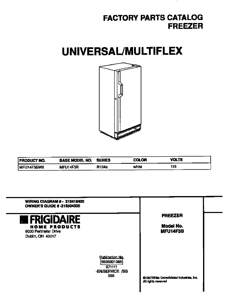 COVER Diagram and Parts List for MFU14F3BW6  Frigidaire Freezer