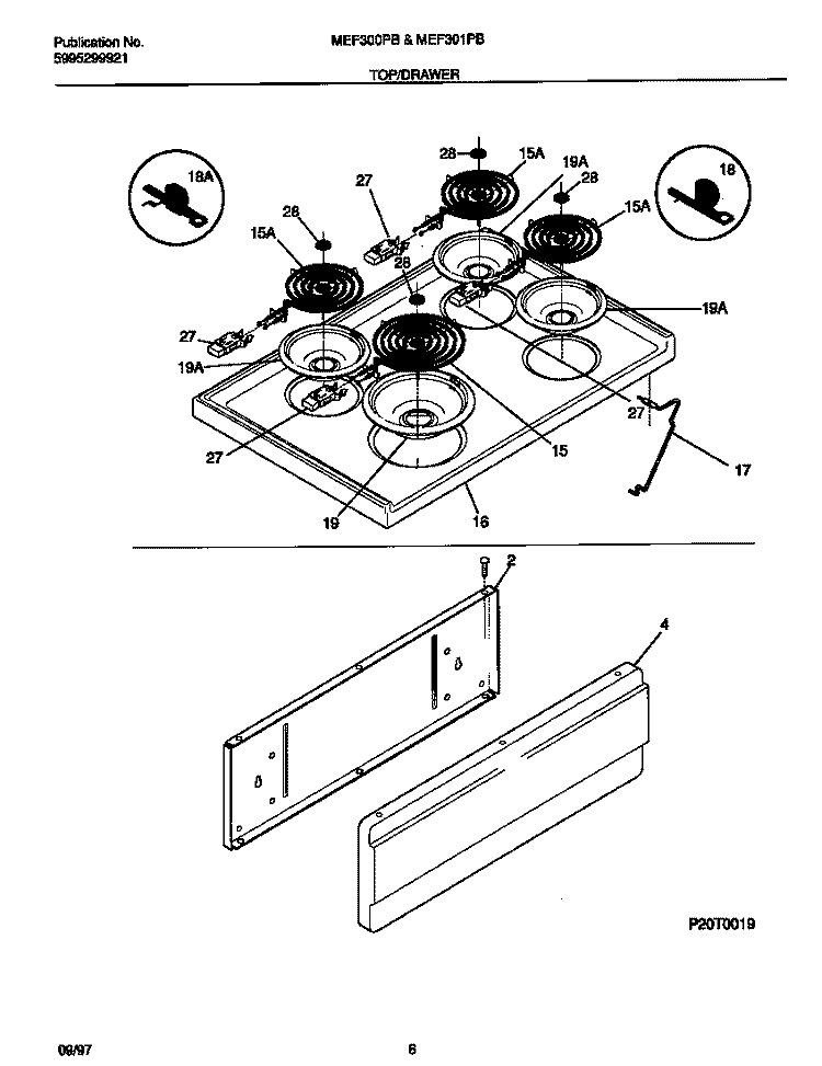 TOP / DRAWER Diagram and Parts List for MEF300PBDJ  Frigidaire Range