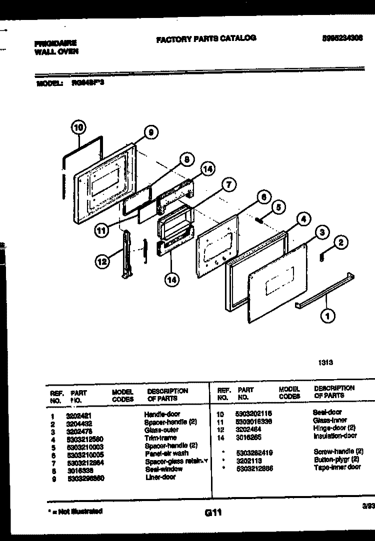 DOOR PARTS Diagram and Parts List for RG94BF3  Frigidaire Wall Oven