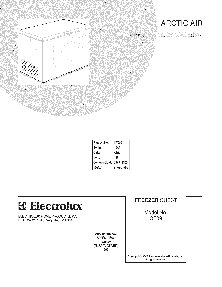 COVER Diagram and Parts List for CF093  Frigidaire Freezer