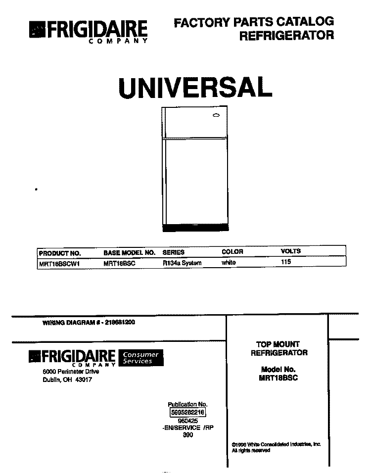 COVER Diagram and Parts List for MRT18BSCW1  Frigidaire Refrigerator