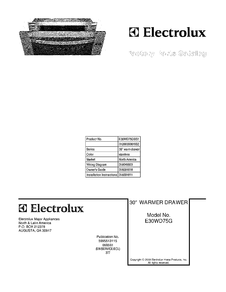 COVER Diagram and Parts List for E30WD75GSS2  Electrolux Warming Drawer