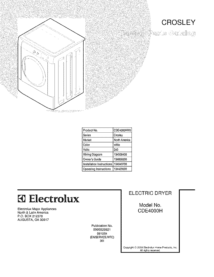 COVER Diagram and Parts List for CDE4000HW0  Crosley Dryer