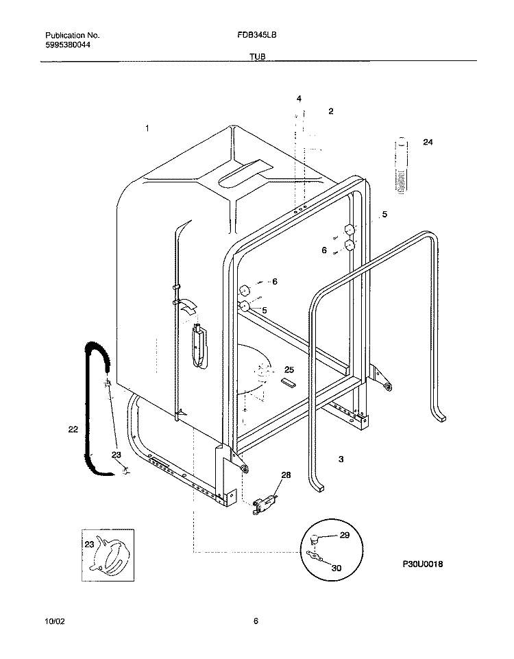 TUB Diagram and Parts List for FDB345LBS1  Frigidaire Dishwasher