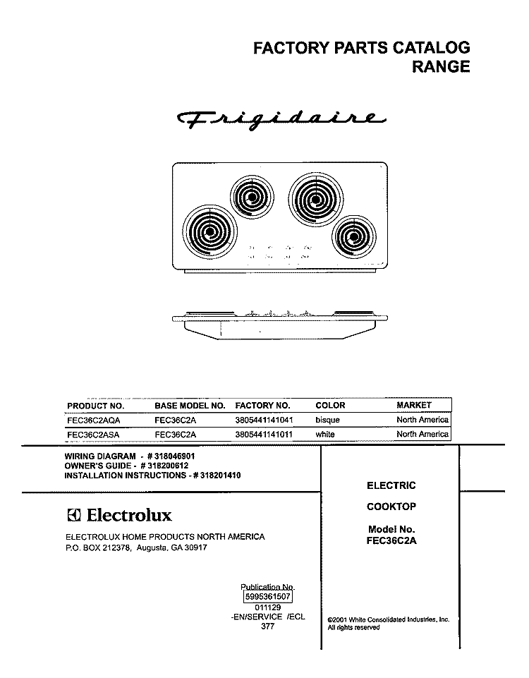 COVER Diagram and Parts List for FEC36C2ASA  Frigidaire Cooktop