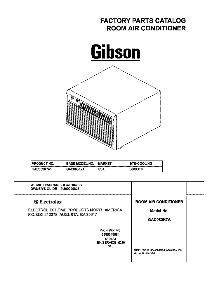 COVER Diagram and Parts List for GAC083K7A1  Gibson Air Conditioner