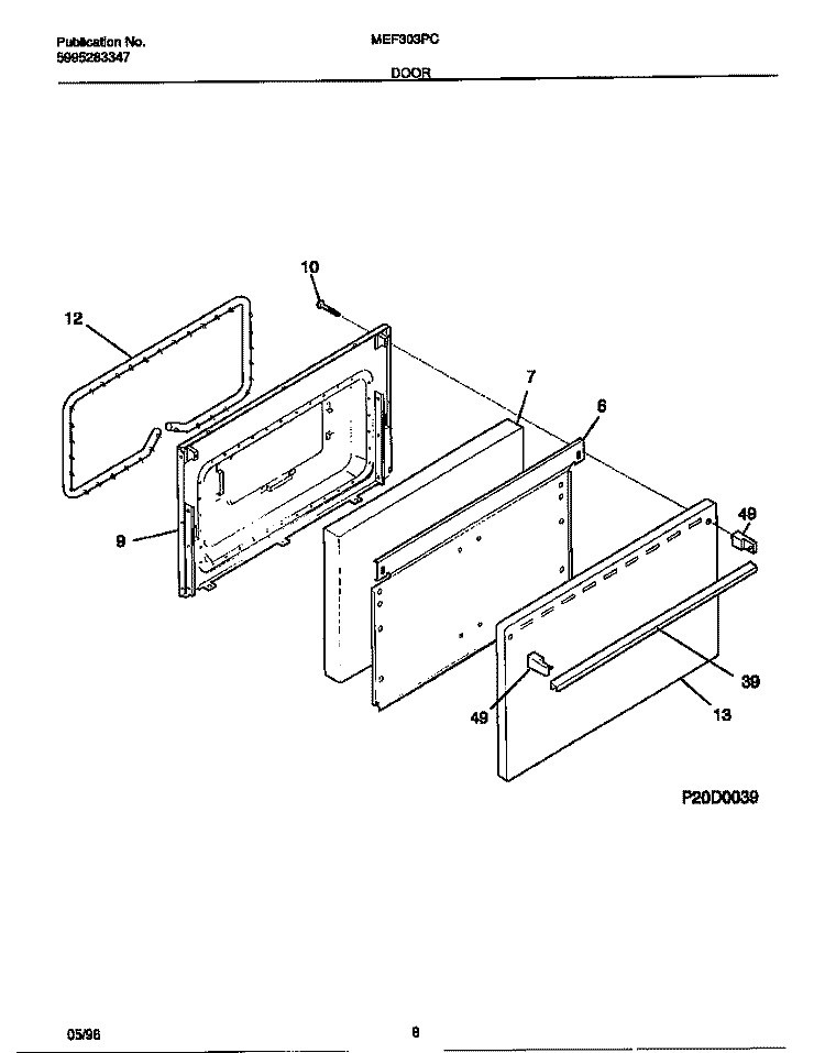 DOOR Diagram and Parts List for MEF303PCWF  Frigidaire Range