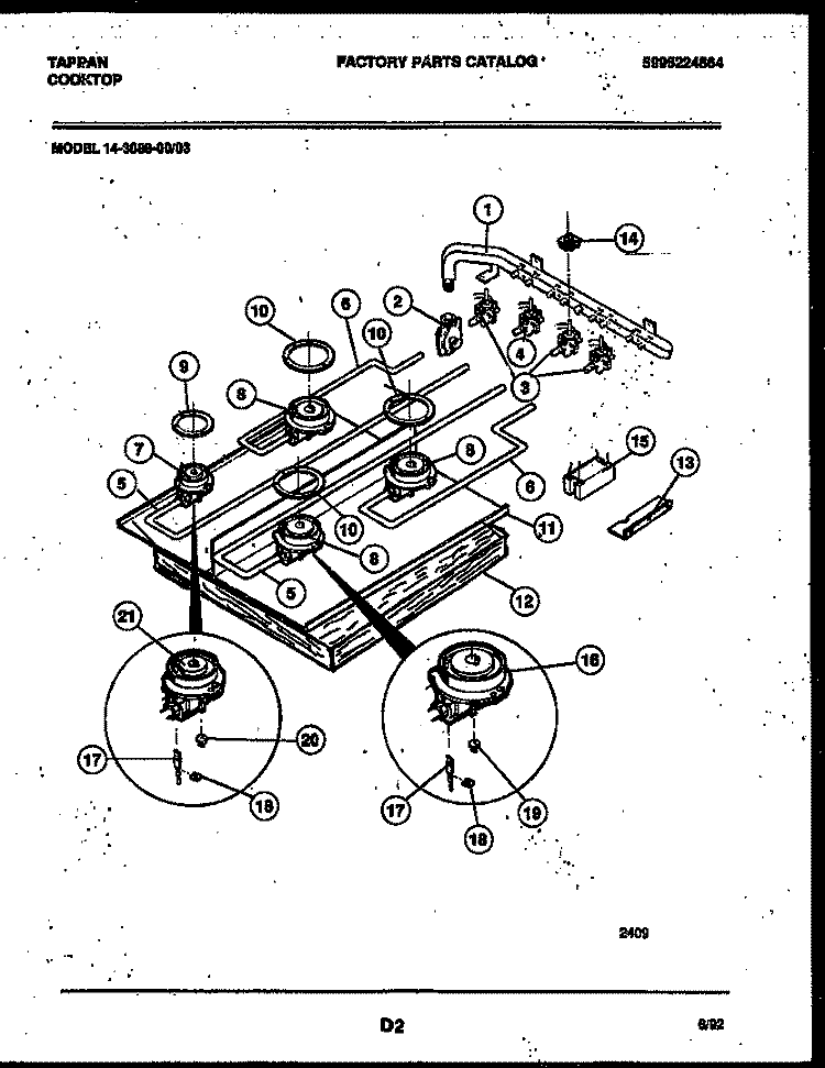 BURNER, MANIFOLD AND GAS CONTROL Diagram and Parts List for 14-3088-23-03  Tappan Cooktop