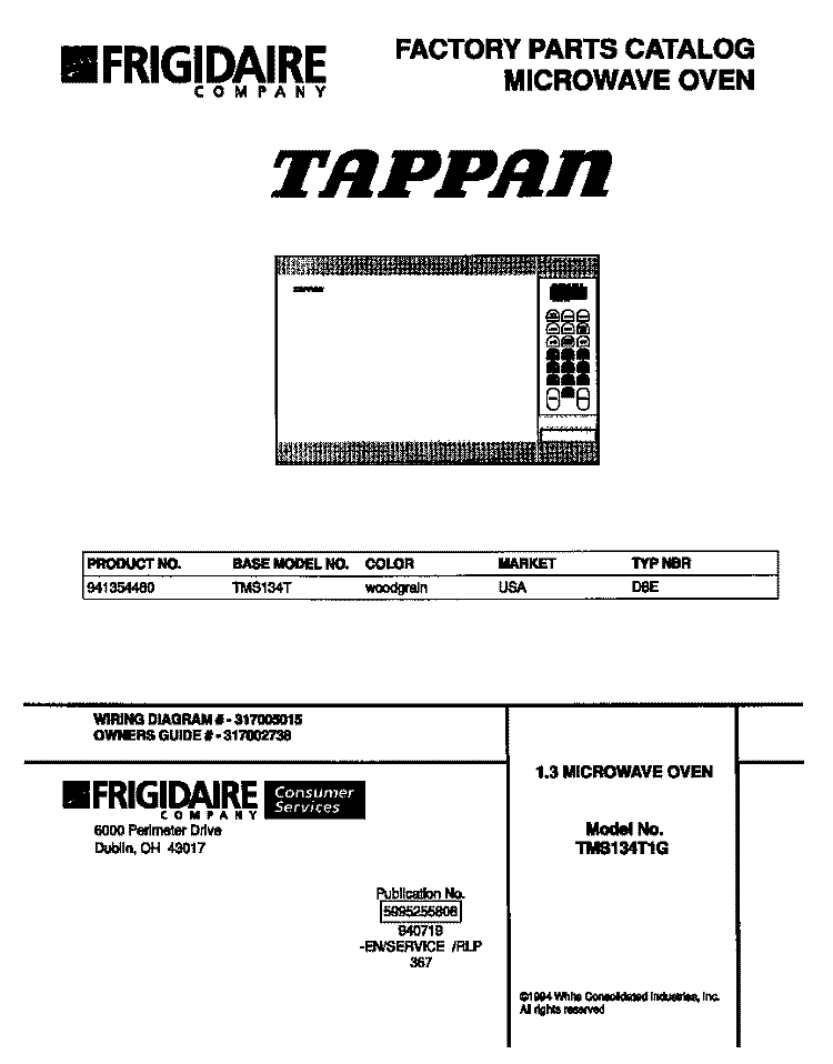 COVER Diagram and Parts List for TMS134T  Tappan Microwave