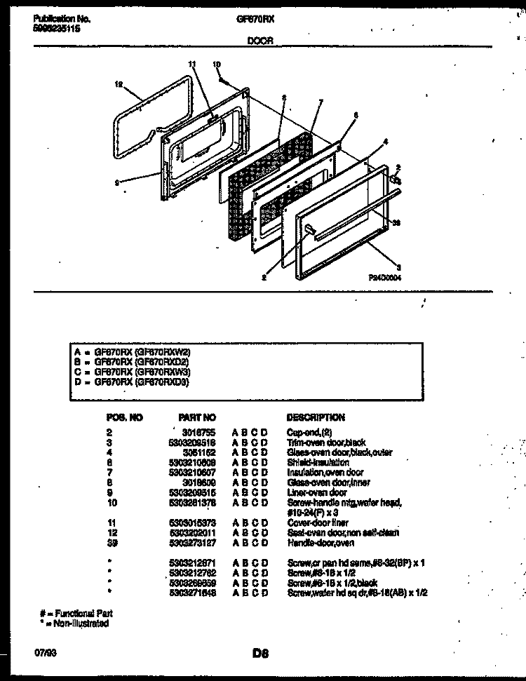 DOOR PARTS Diagram and Parts List for GF670RXW3  Frigidaire Range