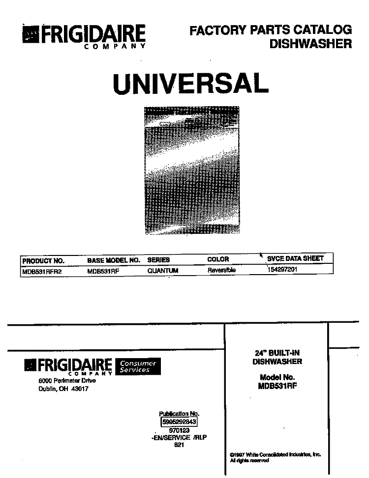 COVER Diagram and Parts List for MDB531RFR2  Frigidaire Dishwasher