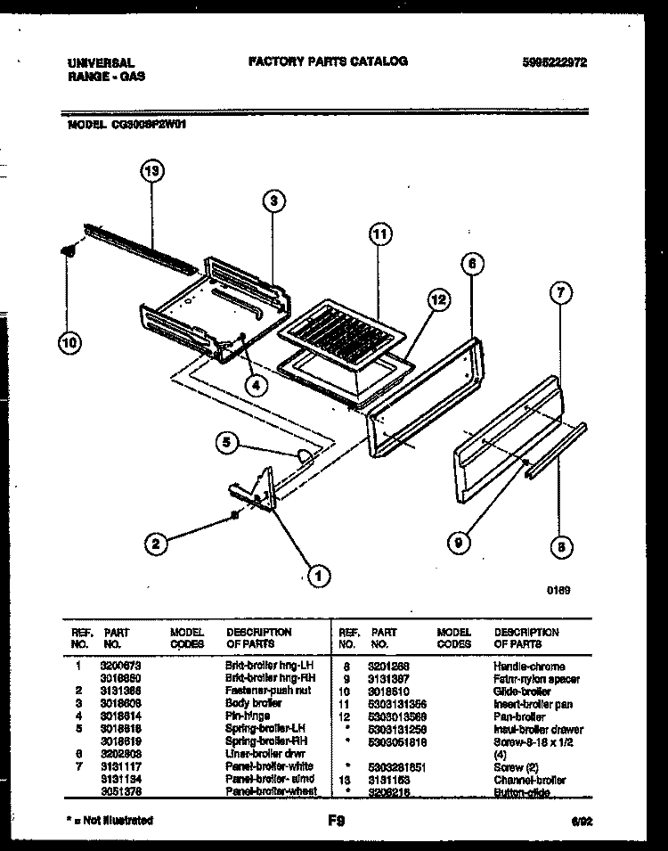 BROILER DRAWER PARTS Diagram and Parts List for CG300SP2Y1  Frigidaire Range