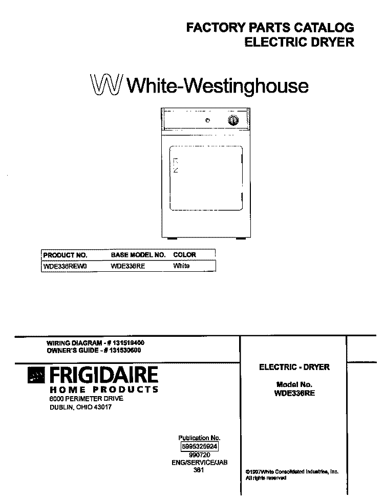COVER Diagram and Parts List for WDE336REW0  Frigidaire Dryer