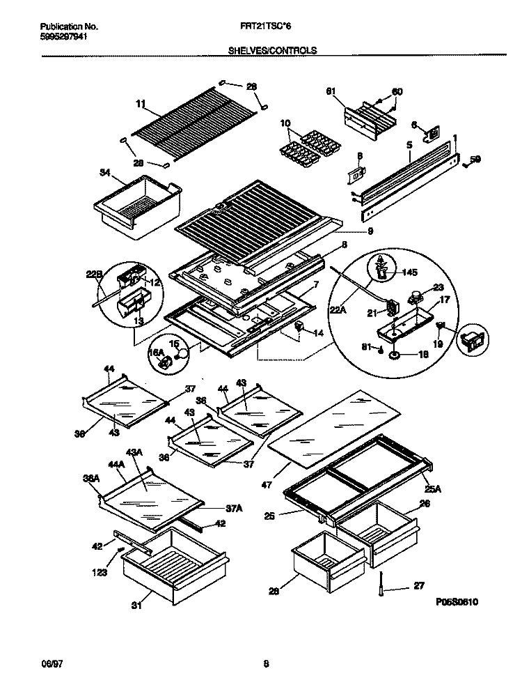 SHELVES / CONTROLS Diagram and Parts List for FRT21TSCW6  Frigidaire Refrigerator