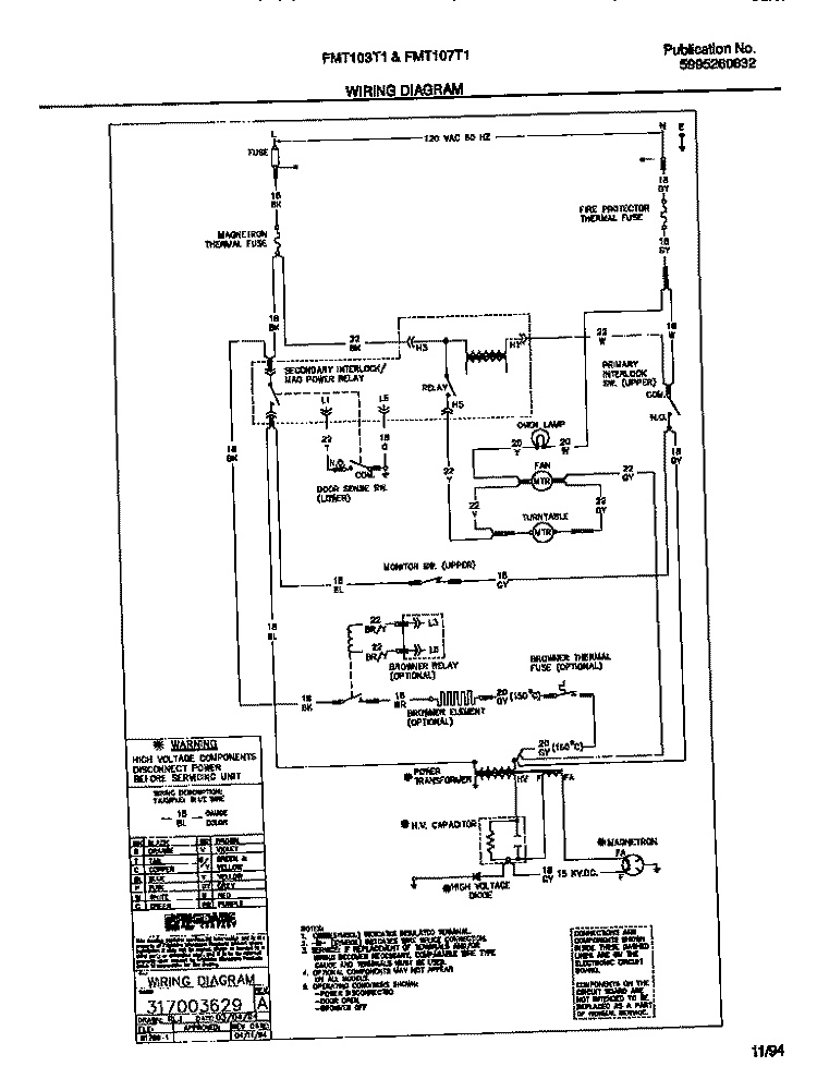 WIRING DIAGRAM Diagram and Parts List for FMT103T1W1  Frigidaire Microwave