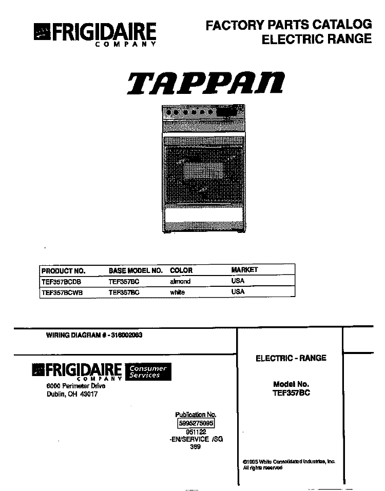 COVER Diagram and Parts List for TEF357BCWB  Tappan Range