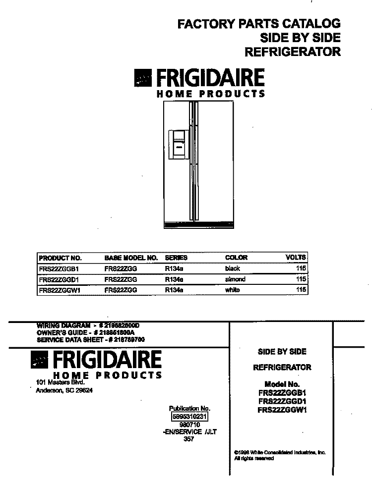 COVER Diagram and Parts List for FRS22ZGGD1  Frigidaire Refrigerator