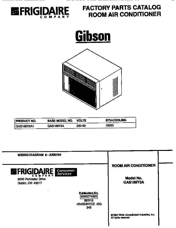 COVER Diagram and Parts List for GAS188Y2A1  Gibson Air Conditioner