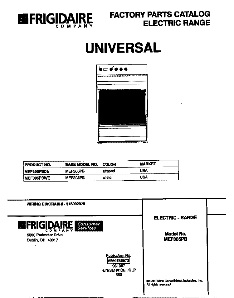 COVER Diagram and Parts List for MEF305PBWE  Frigidaire Range