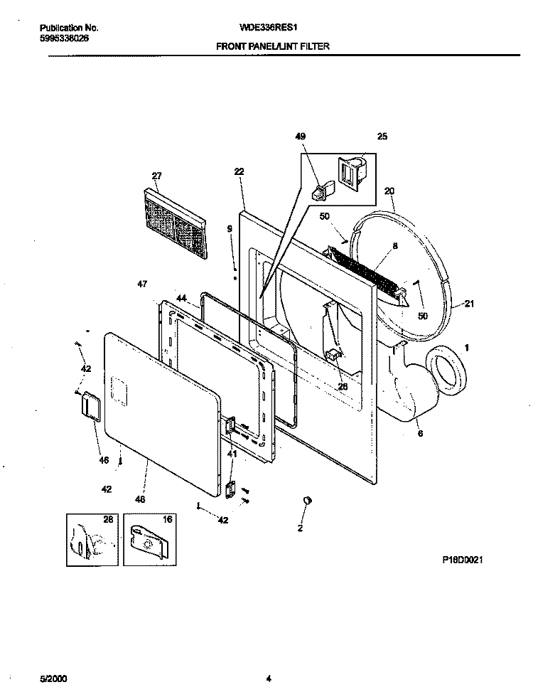 FRNT PNL, LINT FILTER Diagram and Parts List for WDE336RES1  Frigidaire Dryer