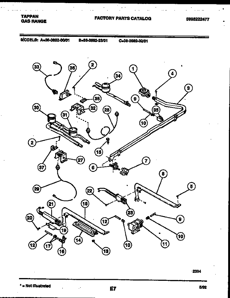 BURNER, MANIFOLD AND GAS CONTROL Diagram and Parts List for 36-3692-23-01  Tappan Range