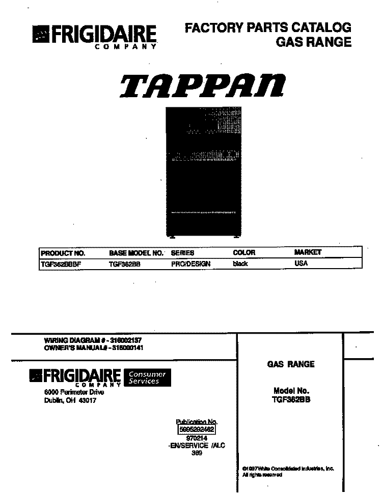 COVER Diagram and Parts List for TGF362BBBF  Tappan Range