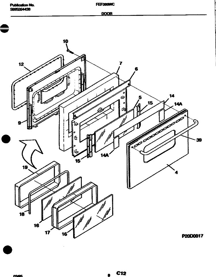 DOOR Diagram and Parts List for FEF388WCCA  Frigidaire Range