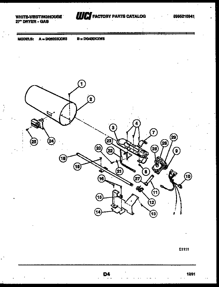 BURNER, IGNITER AND VALVE Diagram and Parts List for DG500KXD5  Frigidaire Dryer