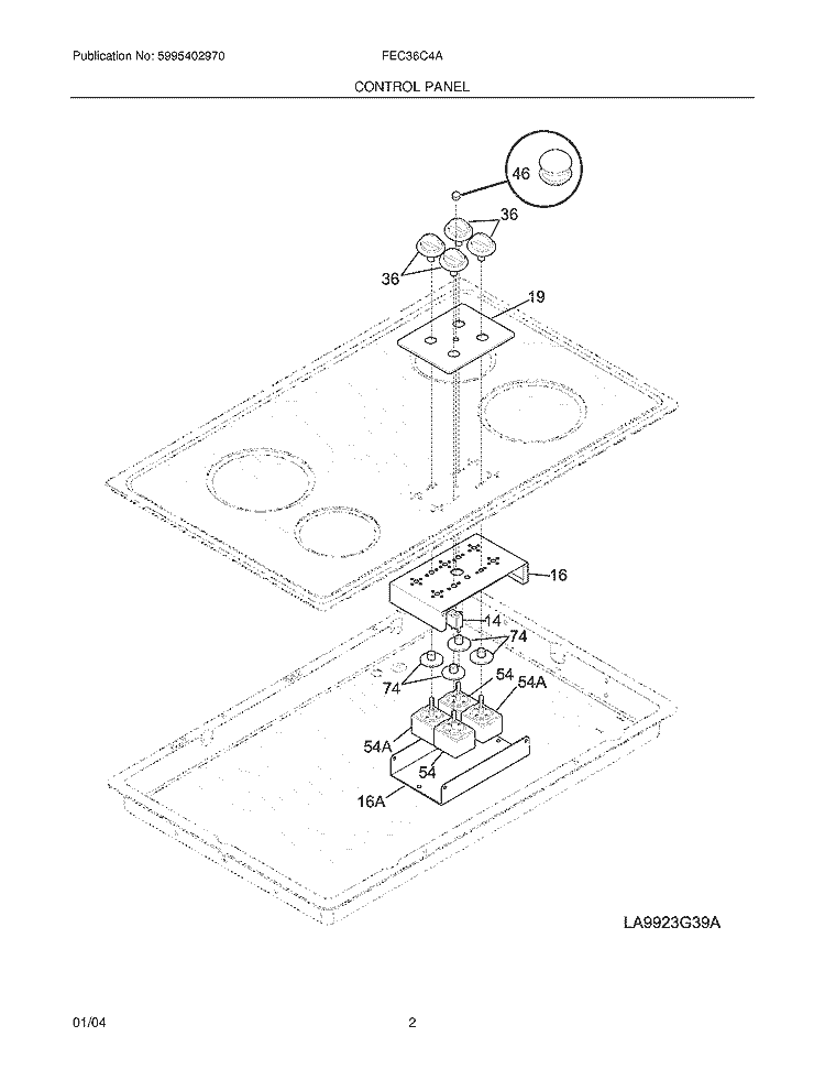CONTROL PANEL Diagram and Parts List for FEC36C4ACD  Frigidaire Cooktop