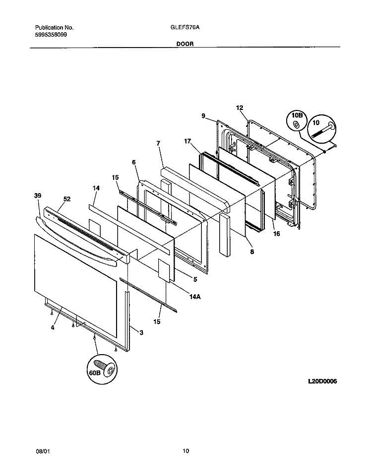 DOOR Diagram and Parts List for GLEFS76AQC  Frigidaire Range