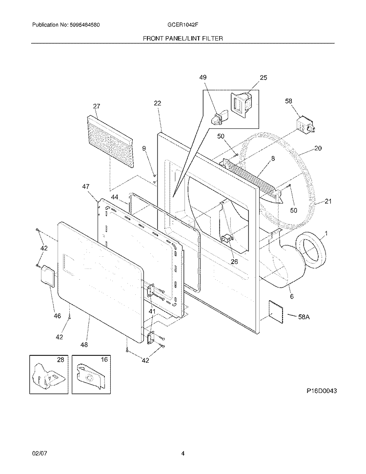 FRONT PANEL / LINT FILTER Diagram and Parts List for GCER1042FC0  Frigidaire Dryer