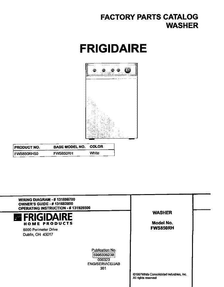 COVER Diagram and Parts List for FWS850RHS0  Frigidaire Washer