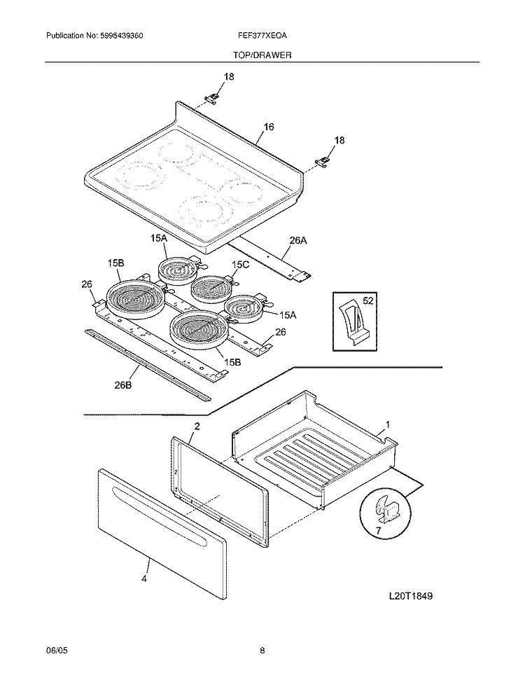 TOP / DRAWER Diagram and Parts List for FEF377XEQA  Frigidaire Range