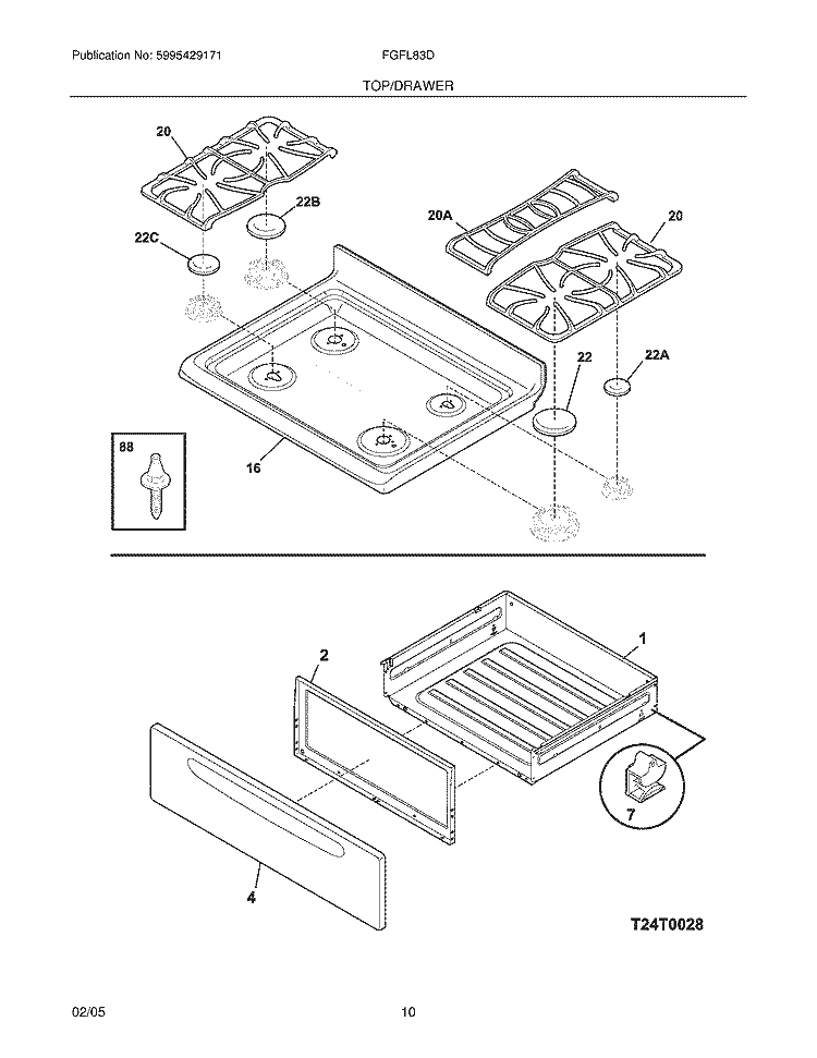 TOP / DRAWER Diagram and Parts List for FGFL83DQB  Frigidaire Range