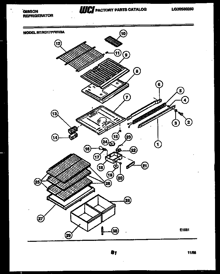 SHELVES AND SUPPORTS Diagram and Parts List for RT17F7WV3A  Gibson Refrigerator