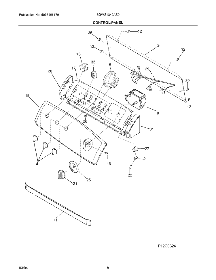 CONTROL / PANEL Diagram and Parts List for SGWS1349AS0  Frigidaire Washer
