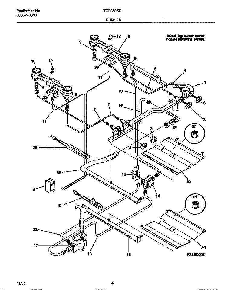 BURNER Diagram and Parts List for TGF350SCWA  Tappan Range