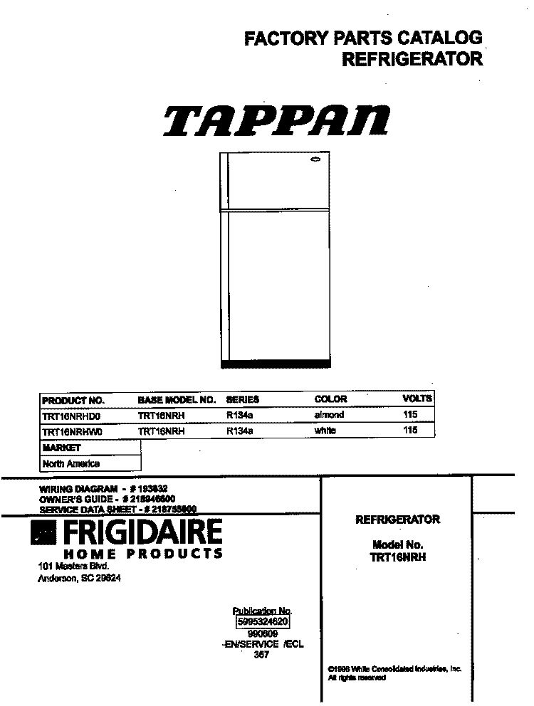 COVER Diagram and Parts List for TRT16NRHW0  Frigidaire Refrigerator